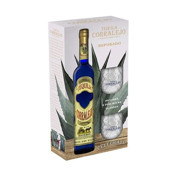 Corralejo Reposado Tequila with 2 Pina Rocks Glasses Gift Set - ForWhiskeyLovers.com