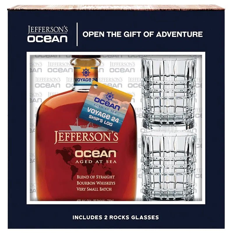 Jefferson's Ocean Aged at Sea Very Small Batch Straight Bourbon Whiskey Gift Set w/2 Rock Glasses - ForWhiskeyLovers.com