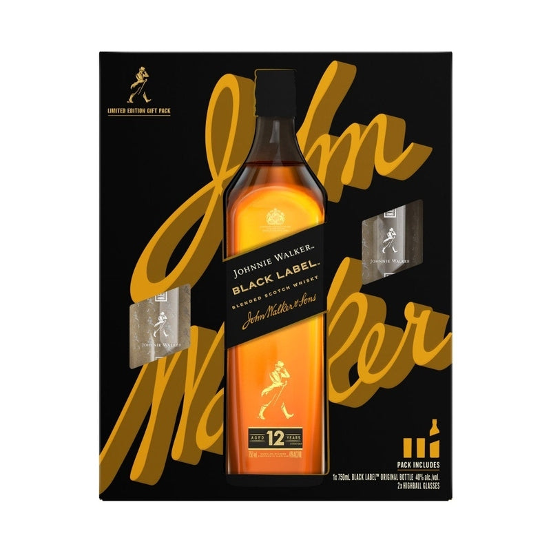 Johnnie Walker Black Label 12 Year Old Blended Scotch Whisky with 2 Highball Glasses - ForWhiskeyLovers.com
