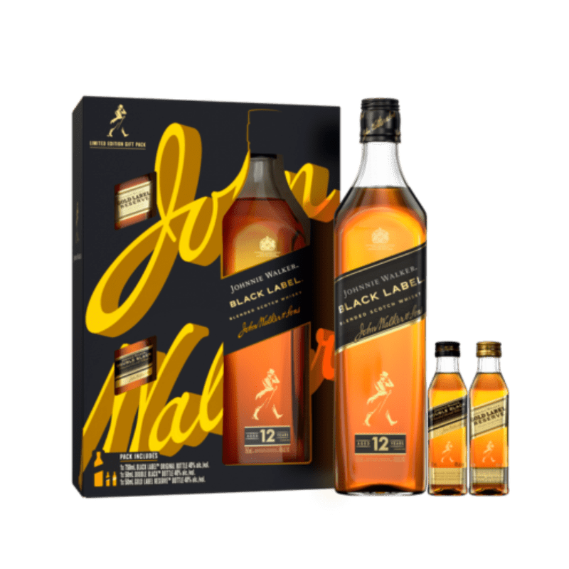 Johnnie Walker Black Label 750ml W/ 2 50ml Gold & Double Black - ForWhiskeyLovers.com