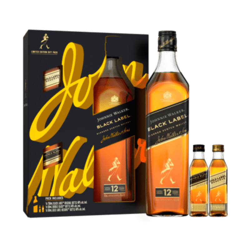 Johnnie Walker Black Label 750ml W/ 2 50ml Gold & Double Black - ForWhiskeyLovers.com