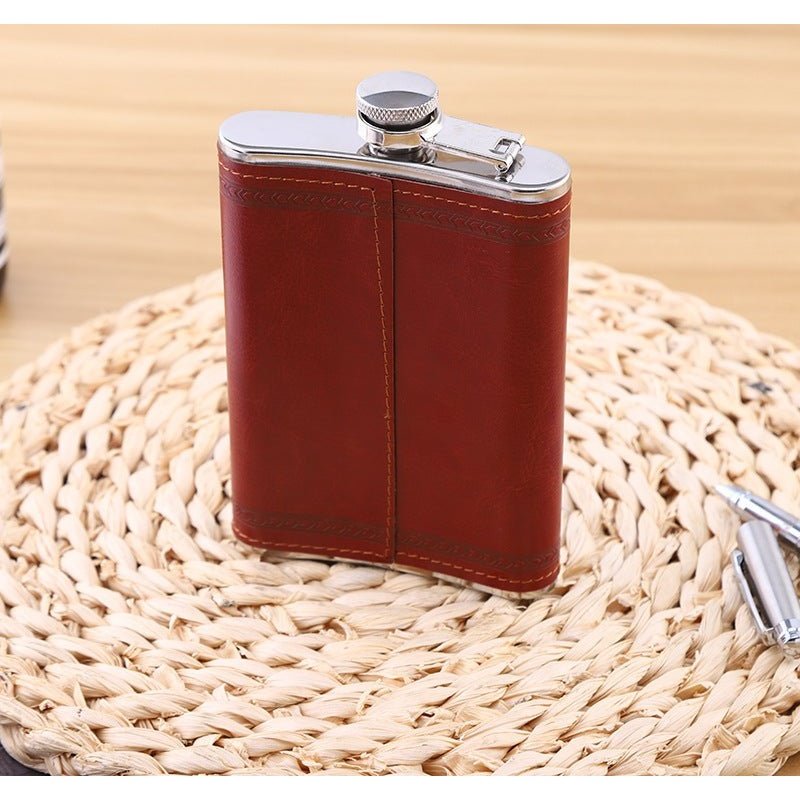 Stainless Steel Leather Wrapped Hip Flask - ForWhiskeyLovers.com